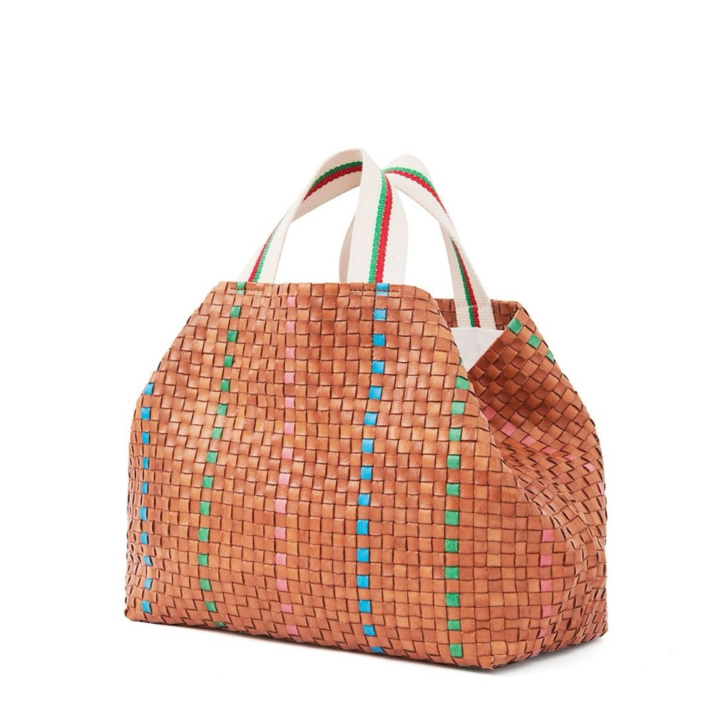 Woven Tan Leather Tote Bag with Multicolor Stripes - Picture 10 of 10